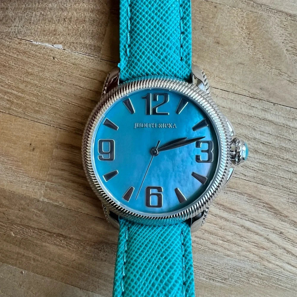 Judith Ripka ladies stainless steel and leather Olympia dress watch NEW BATTERY